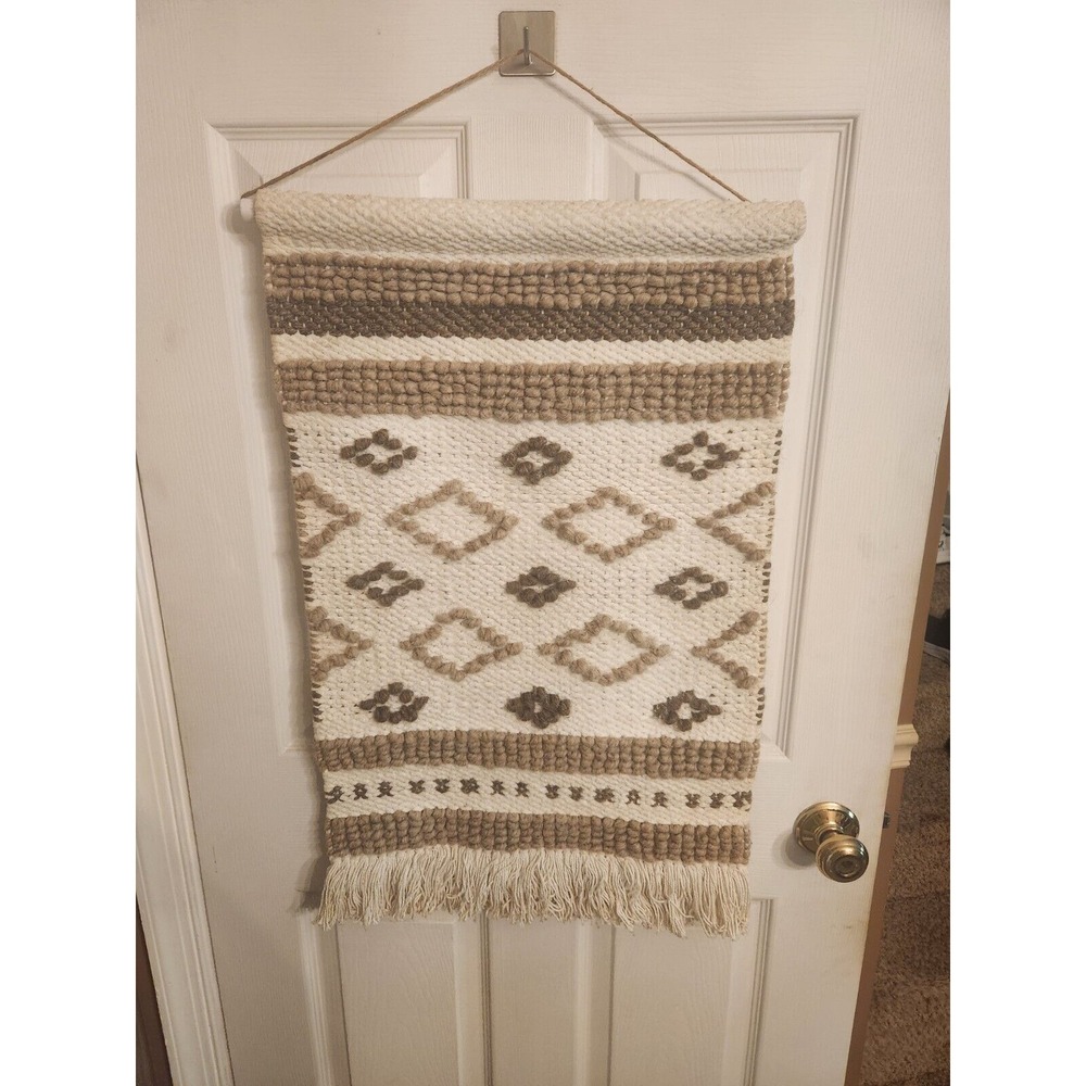 Bottom‎ Fringe Textured Woven Wall Hanging Fabric Art Boho Decor Tan Cream Beige